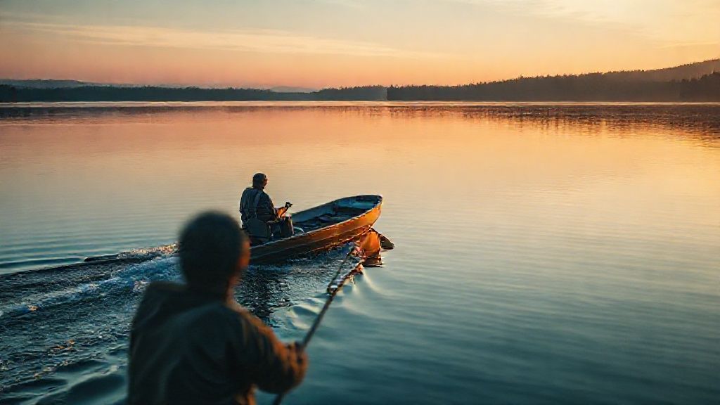A sleek 10 horse boat motor on a jon boat during a serene sunset fishing trip.