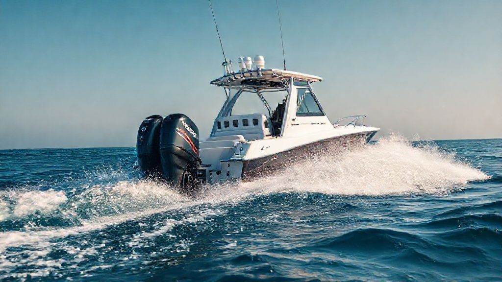 A massive Mercury V12 1350 1000 hp outboard motor powering a center console boat at high speed.