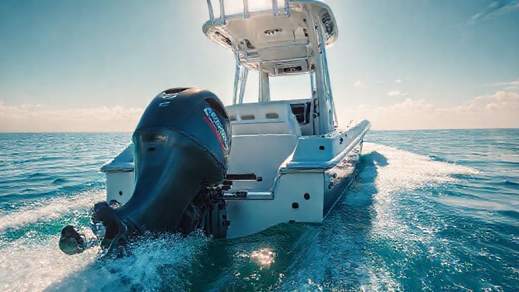 A powerful 110 hp outboard motor on a boat transom, ready for action.