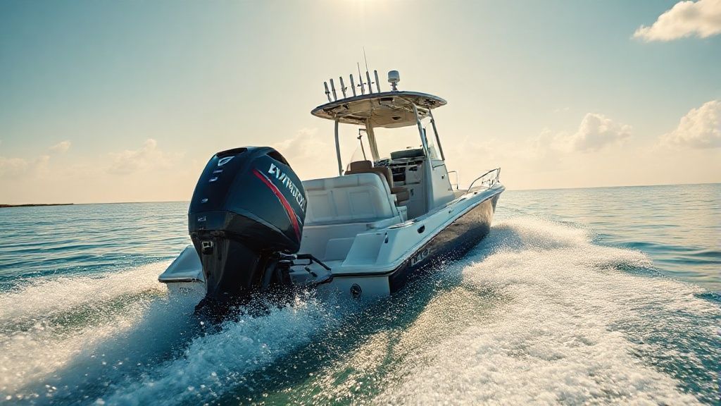 A 115 Evinrude motor for sale, shown in action on a boat.