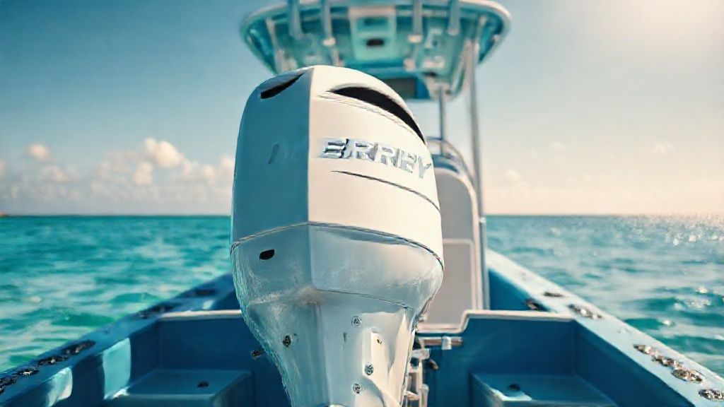 A new 115 hp Mercury outboard for sale, mounted on a blue boat.