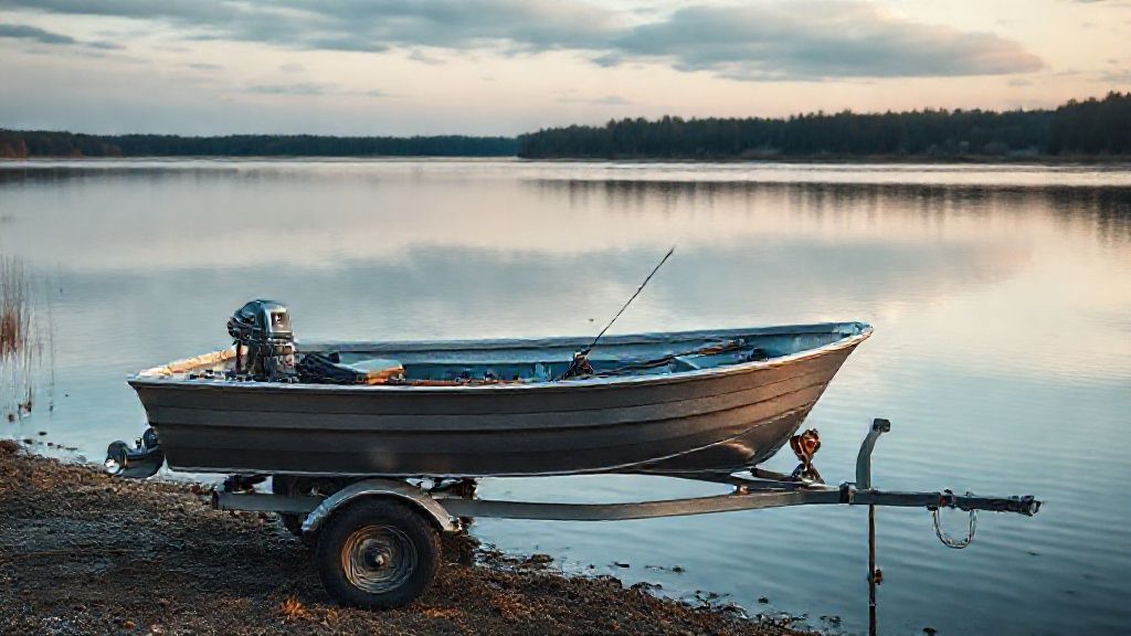 A 12-foot aluminum boat on a trailer ready for a day of fishing on a lake.