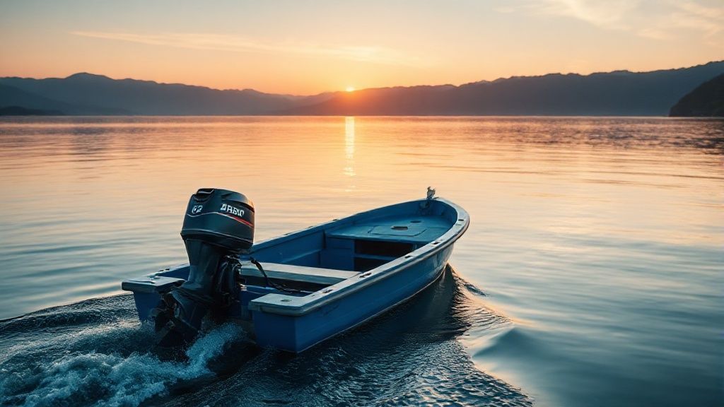 A sleek 12 hp boat motor powering a small fishing boat across a serene lake