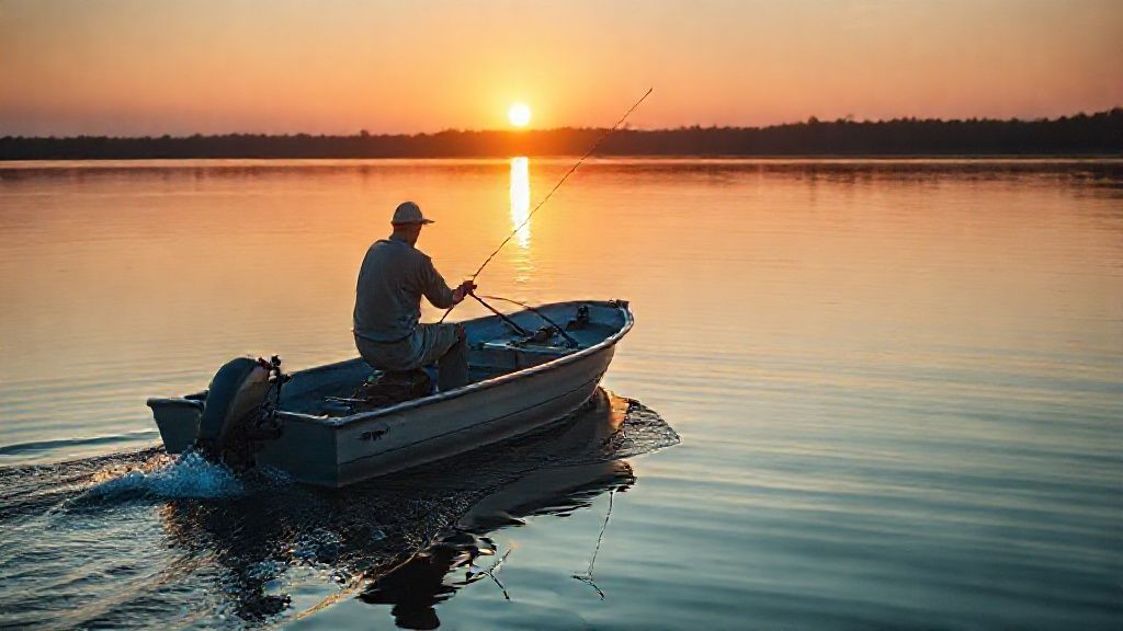 12 volt trolling motor in action on a small fishing boat during sunset