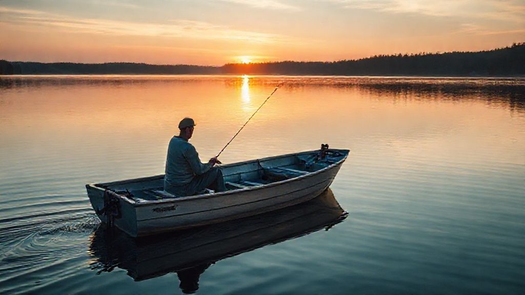 A 14 ft aluminum boat with an outboard motor being used for fishing on a lake