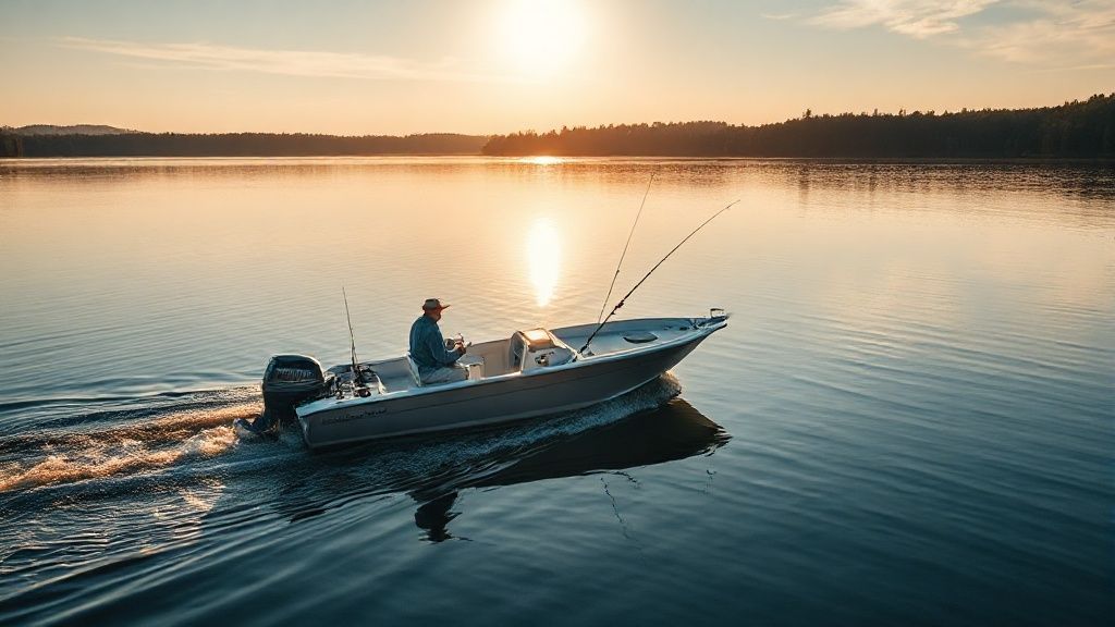 A 14 ft center console boat on a calm lake during sunset, perfect for fishing.