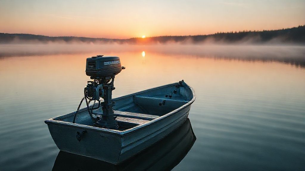 A vintage 15 horse Johnson outboard motor on a jon boat in a serene lake setting.
