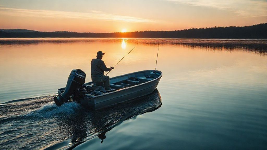 A 15 horse Mercury outboard motor on a jon boat in a serene lake setting.