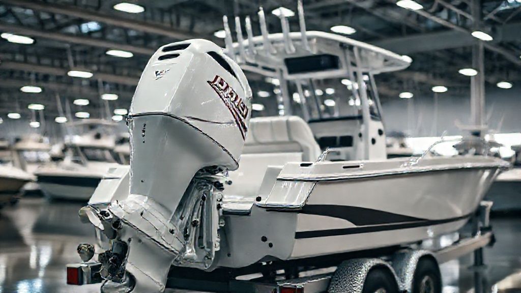 A new 150 hp Honda outboard for sale, mounted on a blue center console boat.