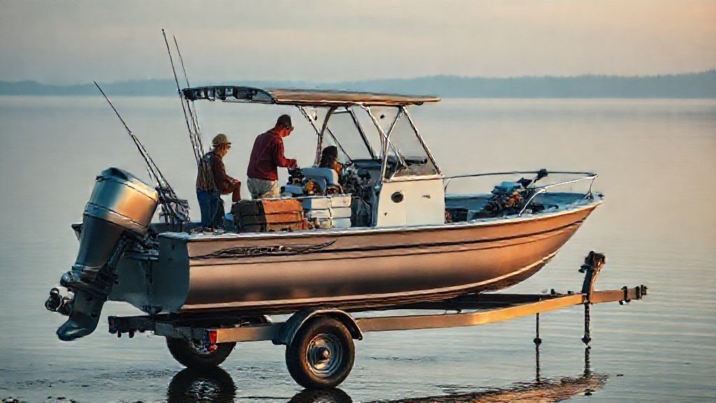 17 foot aluminum boat on trailer with family preparing for a day on the water