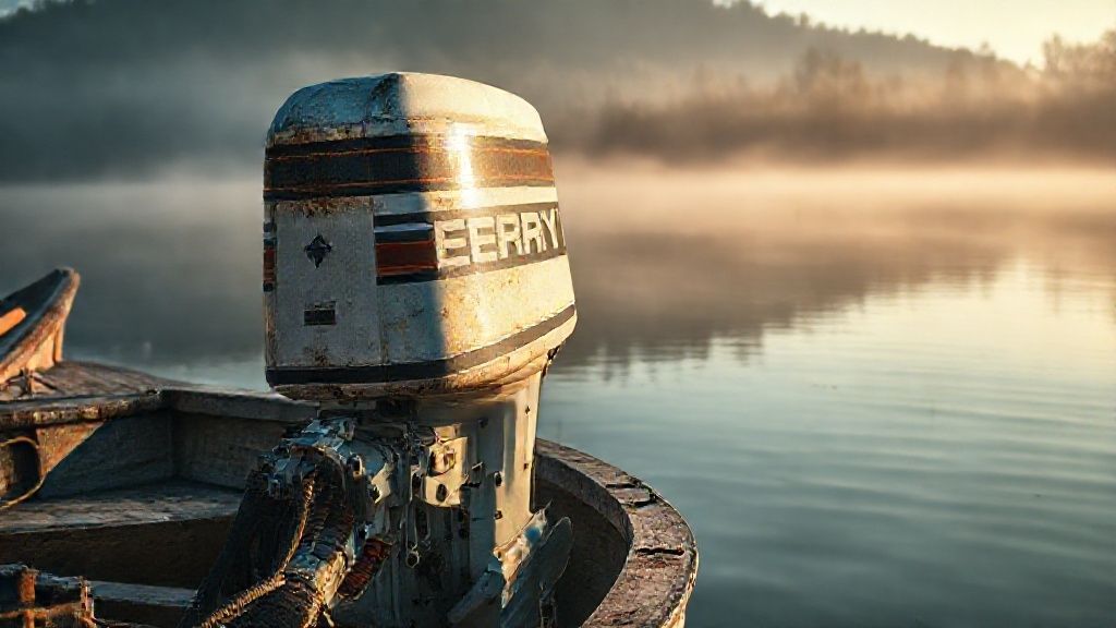 A classic 1980 Mercury boat motor, known as a Tower of Power, on a wooden boat.