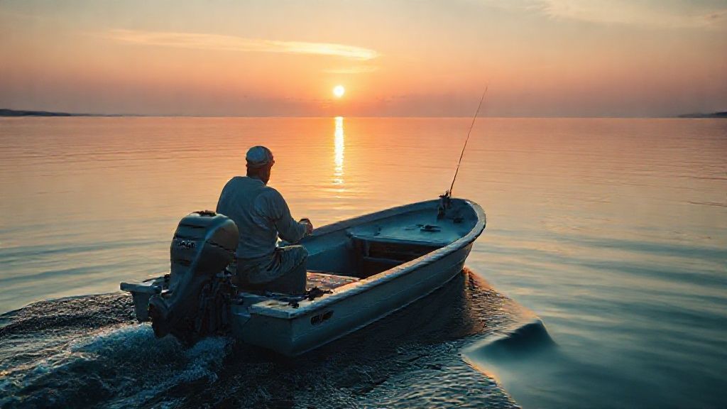 A classic 2 stroke 20 hp outboard motor on a small fishing boat in a serene lake setting.