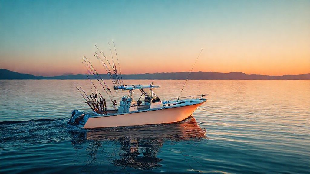 20 foot fishing boat with outboard motor on calm water at sunrise