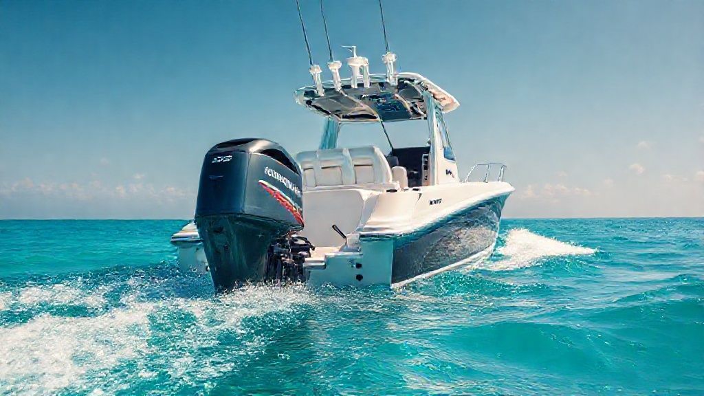 A powerful 200 horsepower Mercury outboard powering a boat on clear blue water.