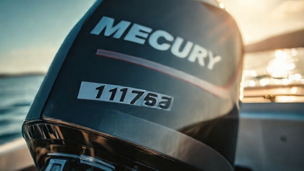 Close-up of the 2019 Mercury Outboard Model Number 1117f531d decal on a 175 Pro XS engine.
