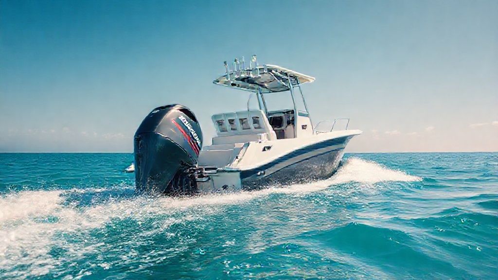 A powerful 225 4 stroke outboard engine on a blue water boat in motion.