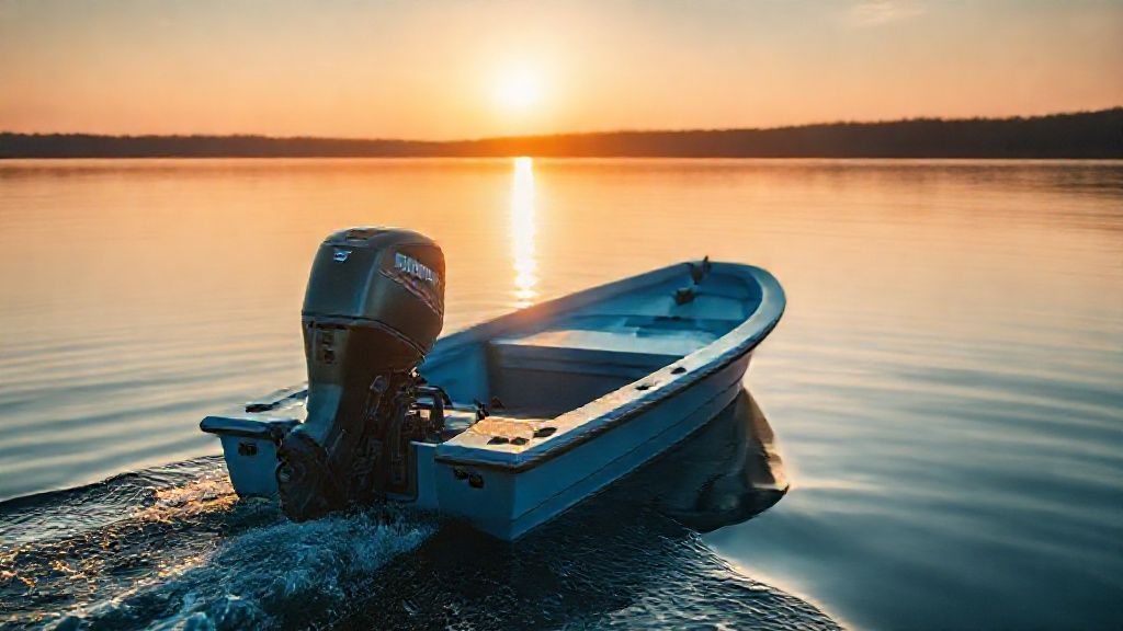 A modern 25 horse boat motor powering a small blue fishing boat on a calm lake at sunrise.