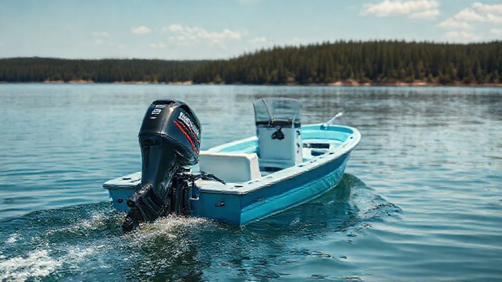 A 25 horse Mercury boat motor powering a small fishing boat on a lake.