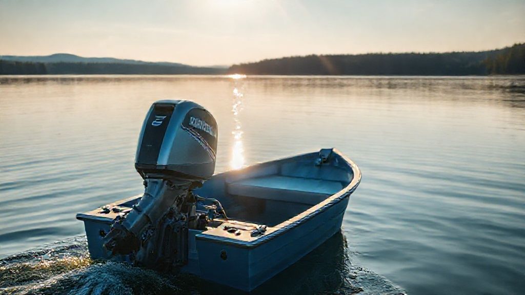A modern 30 horse boat motor powering a small aluminum boat on a lake.