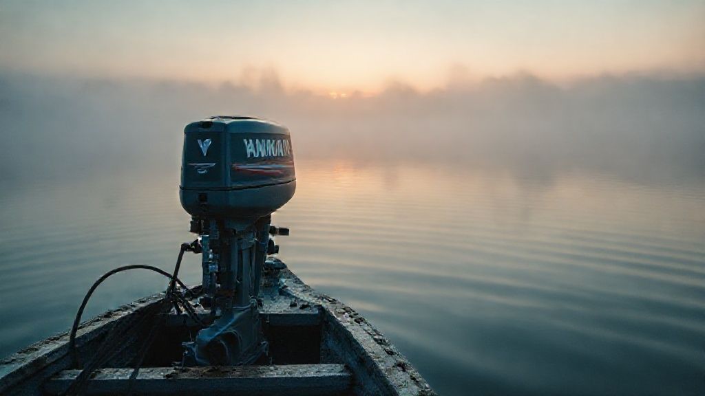 Yamaha 30 hp outboard 2 stroke motor on fishing boat at dawn