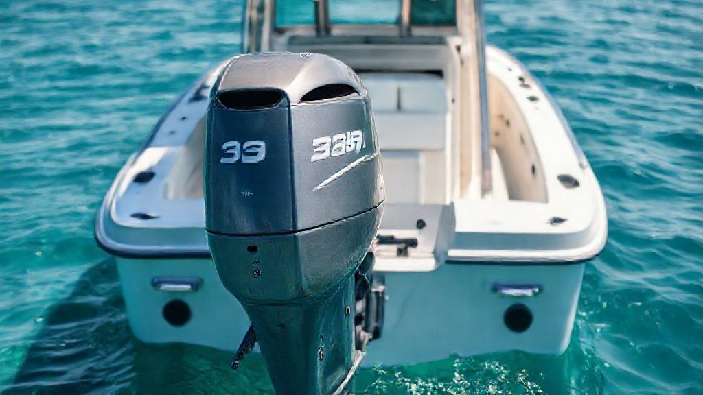 Modern 35 horse outboard motor mounted on a center console fishing boat