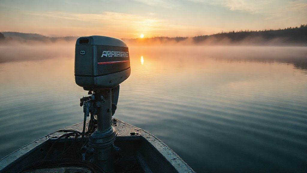 35 hp evinrude for sale mounted on fishing boat at sunrise