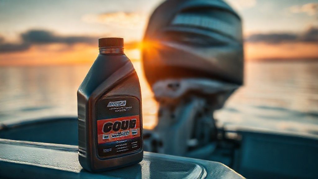 A bottle of 4 cycle outboard motor oil next to a pristine outboard engine on a boat at dawn.