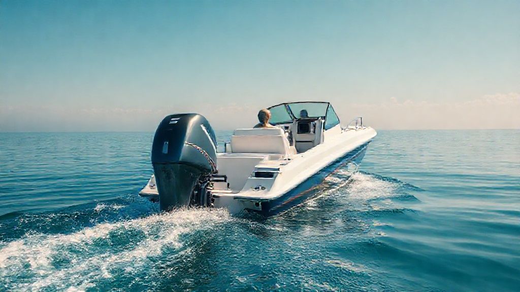 A modern 4 cyl boat motor powering a bowrider on a lake.