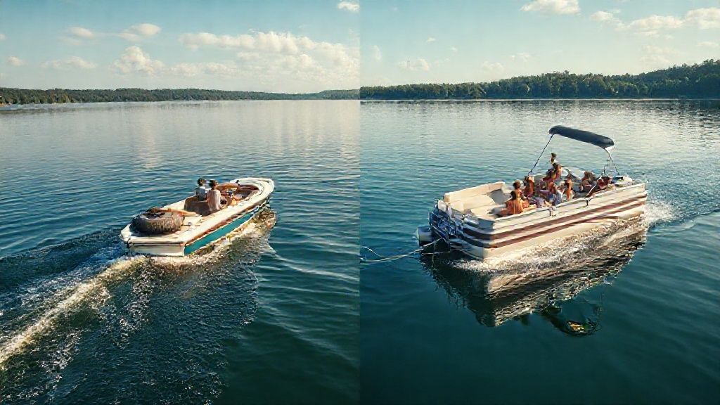 A comparison of a 5 passenger bowrider and pontoon boat on a lake.