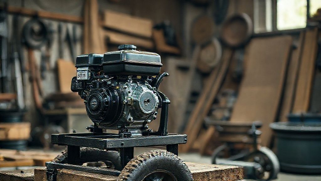 8 horsepower engine mounted on frame with pressure washer and generator attachments