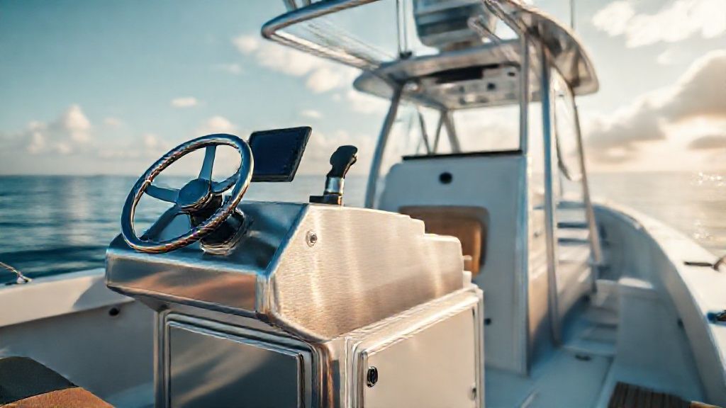 A sleek, professionally welded aluminium boat side console with steering and electronics on a fishing boat.