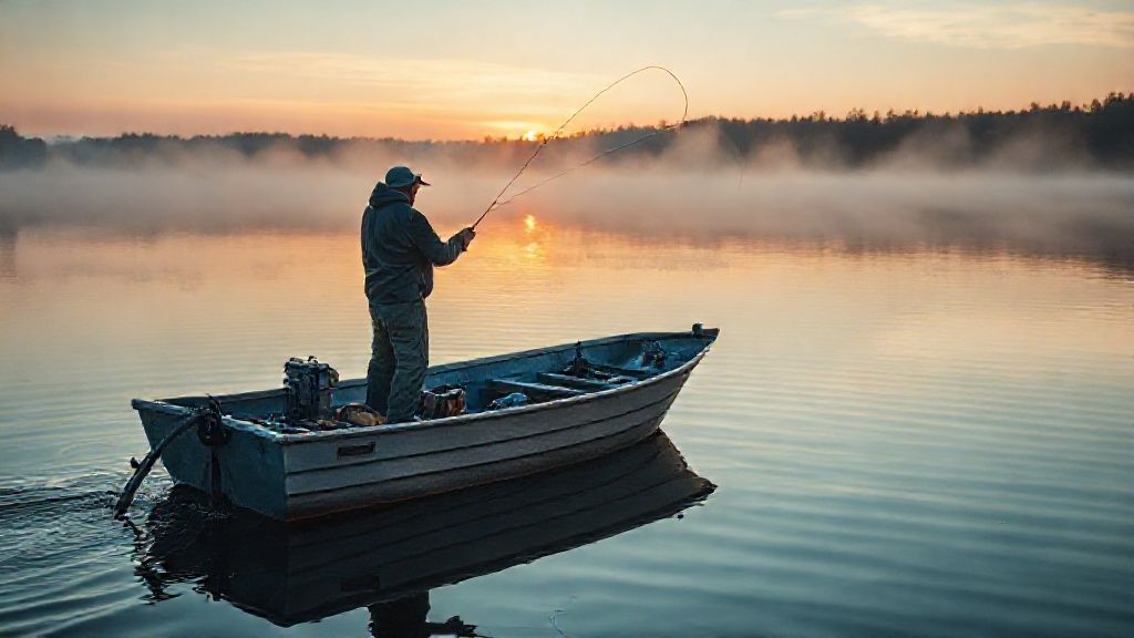 An awesome aluminum jon boat being used for fishing on a serene lake at sunrise.