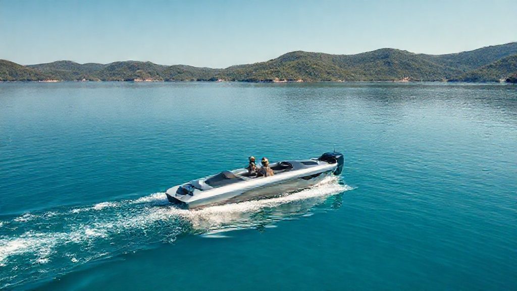 A modern battery power boat with an electric outboard motor on a serene lake.