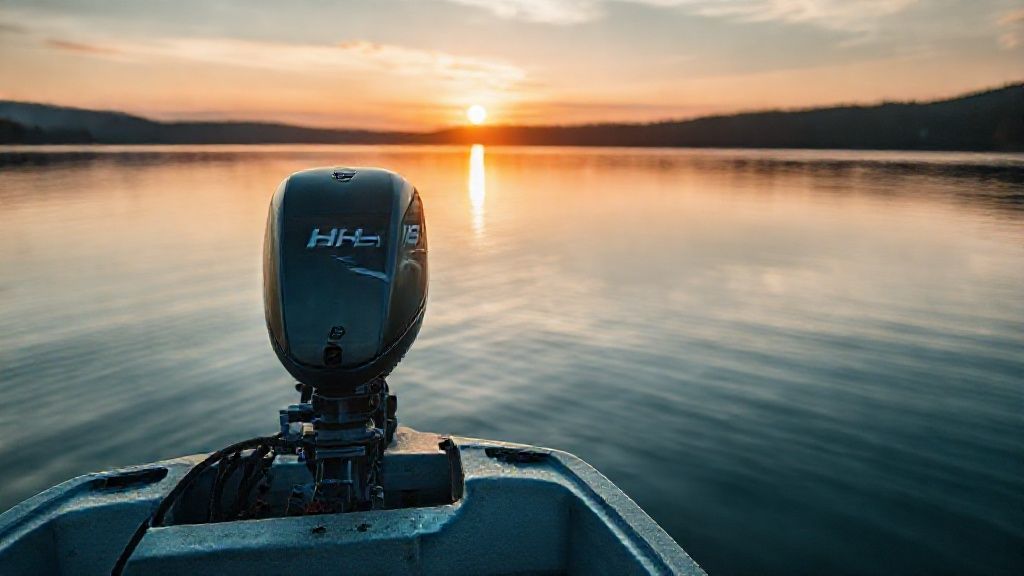 A Hidea 30HP outboard motor on a boat transom at sunrise.